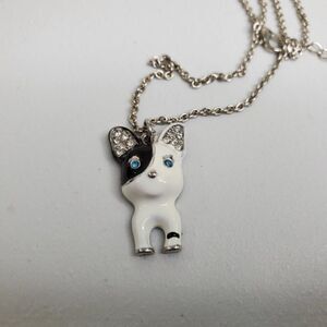 French Bulldog Necklace Dog Frenchie Black White Rhinestone Chain Silver Tone